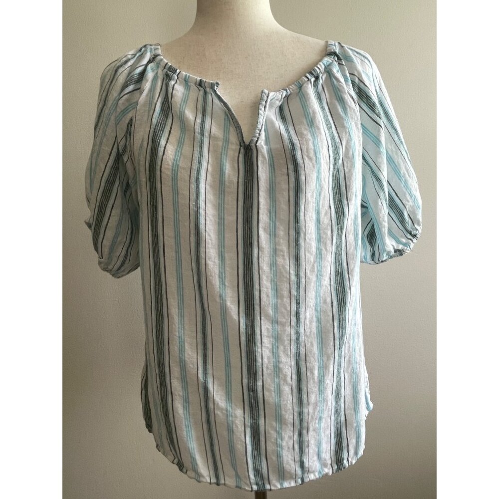Talbots Linen Peasant Blouse Womens Petite S Blue Stripe Balloon Sleeve Boho